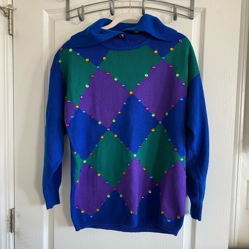 R&K originals Vintage 80/90’s Sweater women's M blue purple jewels rare grandpa‎